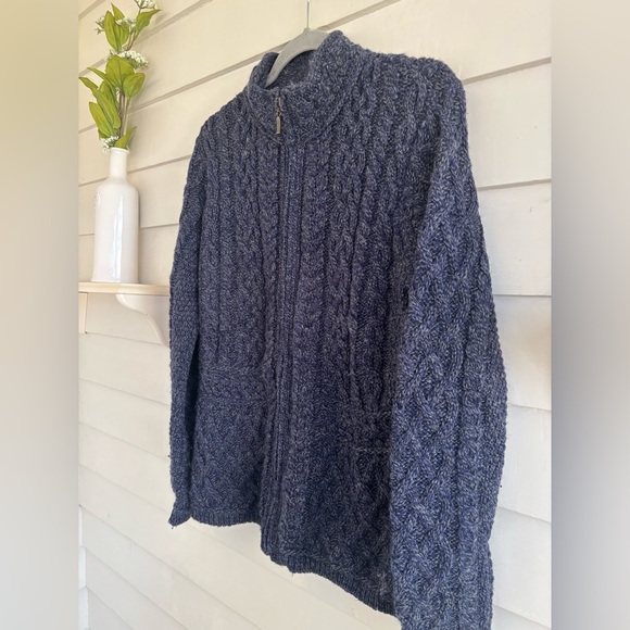 Inis Crafts Blue Marled Merino Wool Sweater Full Zip Sweater Size Medium - Picture 5 of 10